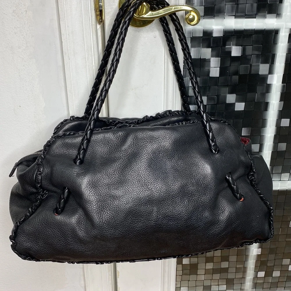 💕 Furla black Italian leather large braided satchel bag 💕